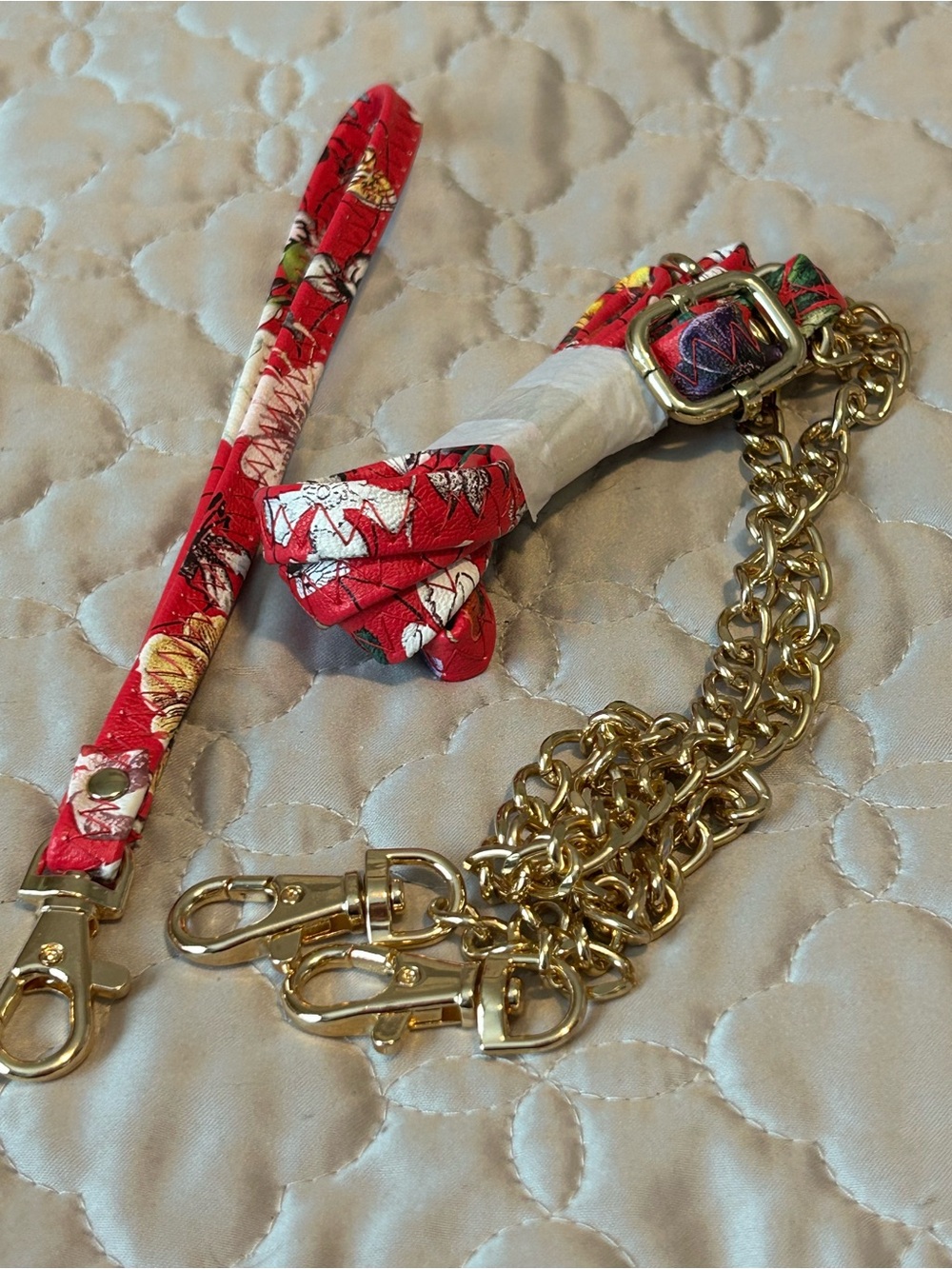 Floral Adjustable Bag Strap and Wristlet Strap  with Gold Tone Chain Accent